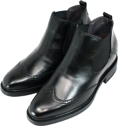 Calden Men's Invisible Height Increasing Elevator Shoes - Black Leather Slip-on Wing-tip Chelsea Boots - 3 Inches Taller - K28802 - Size 11 D(M) US3