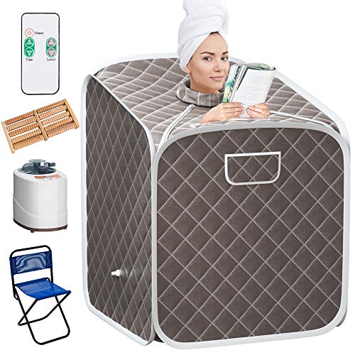 Giantex Portable Steam Sauna Spa 2L Folding Private Sauna Tent W/Chair Foot, Massage Roller, Absorbent Pad,9 Adjustable Temperature Levels for Stress Fatigue 33 x 33x 42 Inch (Gray)