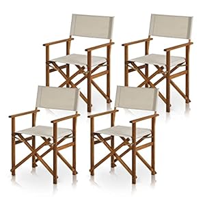 KHG Balkonstuhl 4er Set aus echtem Akazienholz geölt Regiestuhl mit Armlehnen 100% Polyesterbezug in Creme, wetterfest, platzsparend klappbar, 120kg belastbar