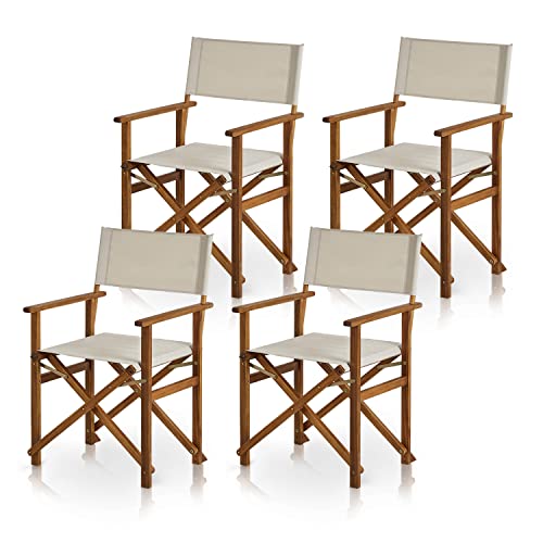 KHG Balkonstuhl 4er Set aus echtem Akazienholz geölt Regiestuhl mit Armlehnen 100% Polyesterbezug in Creme, wetterfest, platzsparend klappbar, 120kg belastbar