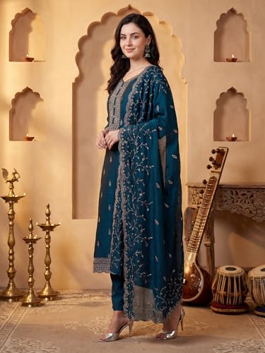 Image of INDO ERA Women's Silk Blend Embroidered Zari Work Kurta & Pant with Dupatta Set