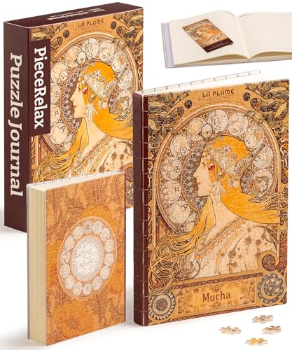 PieceRelax Puzzle Journal for Adults - Alphonse Mucha - Zodiac Unique A5 Book Cover Puzzles Gift & Home Décor with Plastic Jigsaw Puzzle Artwork for Notebook [YA1056]
