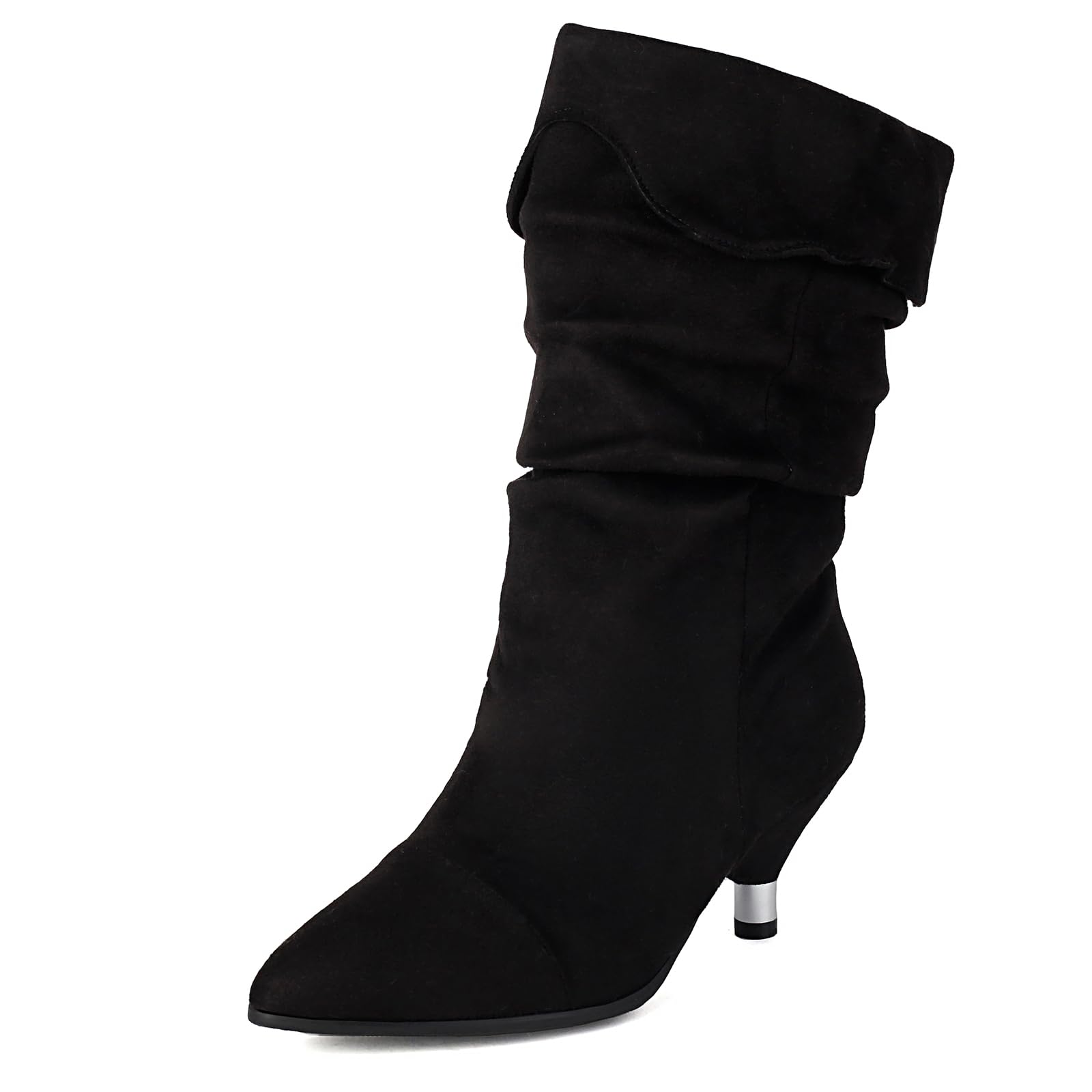 Faux Suede Leopard Slouch Boots for Women Low Round Heel Slip On Turned-over Edge Pleated Mid Calf Boots