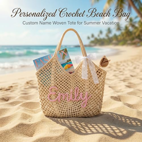 Bolso de playa tejido a mano personalizado VEELU para mujer, bolso tote con nombre personalizado, ligero para viajes y vacaciones de verano miniatura 4