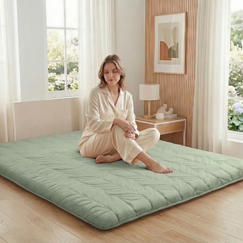 Image of ZonLi Japanese Floor Mattress Futon Mattress Twin Size, Thicken Roll Up Tatami Mat 100% Cotton Washable Cover, Portable & Foldable Floor Bed Mattress for Sleeping, Dormitory, Adult, Green