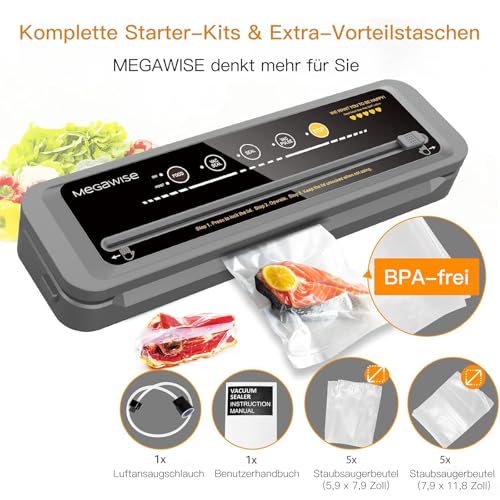 Image of MegaWise Food Vacuum Sealer Machine - High-Power 80kPa Suction, One-Touch Operation, Built-in Cutter - Works with All Food Types, Includes Bags & Hose (Black), Keeps Food Fresh 5x Longer