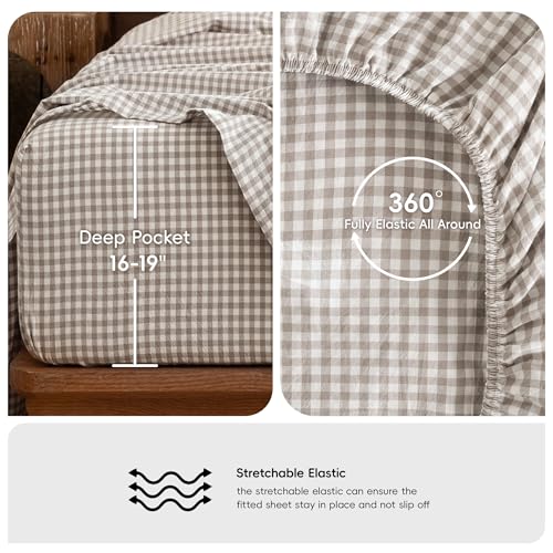 Image of MooMee Gingham Sheet Set 100% Washed Cotton Linen Like Textured Breathable Soft w /Fully Elasticized 16-19 inch Deep Pocket (Mini Gingham Tannish Linen Grey, Queen)