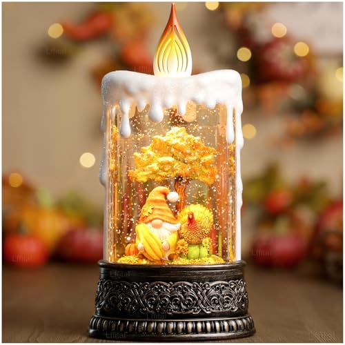 Fall Snow Globe LanternSnow Globe Candle Glittering Fall Lantern with Gnome and Turkey Harvest Day Decorations Tabletop Lighted Display with Timer for Autumn Thanksgiving Festival Decor