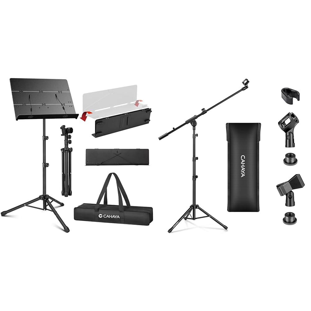 CAHAYA pupitre triple pliable et facile à ranger pupitre en métal très léger pupitre réglable & Pied de Microphone au Sol Mobile 2 en 1 Trépied en Métal avec Deux Clips Différents Réglable