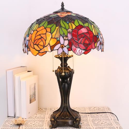 Image of 16Inch Tiffany Lamp Shade Replacement Only (Red Yellow Roses) | Stained Glass Lampshade Fit For Table Lamps FLoor Lamp Ceiling Fixture Pendant Hanging Light Home Office Decoration