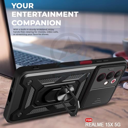 Image of Luxe Back Cover Compatible for Realme Narzo 90X 5G / Realme C85 5G / Realme 15X 5G | D10 Tough Armor Case | Sliding Camera Shield | 360 Protection | Kickstand Ring Holder | Military-Grade