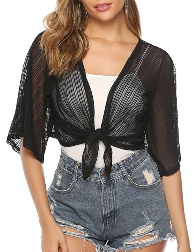 Image of iClosam Women Tie Front Chiffon Shrug Short Sleeve Cropped Sheer Bolero Shrug Cardigan
