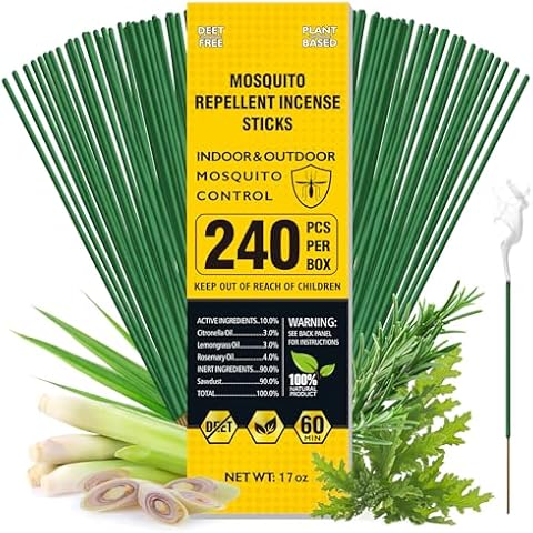 BugBai Mosquito Repellent Outdoor Patio, 240 PCS Natural Plant-Based Citronella Oil Incense Sticks Indoor Home Pet Family Safe, DEET Free Bug Insect Control Repellent for Yard Garden Camping Fishing Cover
