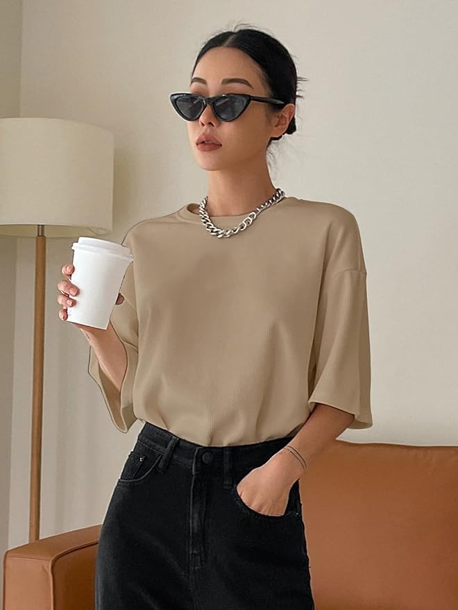Image of Zilcon Women's Waffle Wool Knit Tops Dressy Business Casual T-Shirt Half Long Sleeve Fall Winter Summer Work Tops