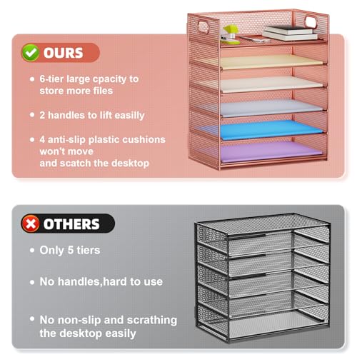 Image of Marbrasse 2 Pack Desk Organizer with Handle, 6 Tier Paper Letter Tray, Mesh Desk File Organizer for Office, School and Home - Rose Gold
