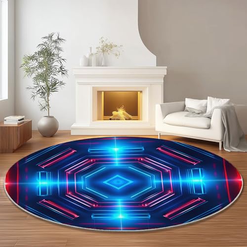 Alfombra Redonda 90 cm Pelo Corto Abstracto Luces De Neón Cuadrados Geométricos Imprimir Alfombra Redonda para Sala de Estar Dormitorio Mesita de Noche, Antideslizante Lavable Alfombras Azul Oscuro
