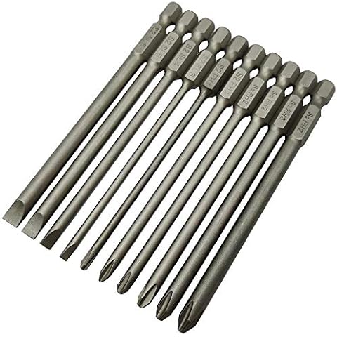 YDLQWCZ Long Slotted Head and Cross Phillips Screwdriver Bit Sets with 1/4 Inch Hex Shank 4 inch Lenght 4pcs Slotted Head and 6pcs Philips Cross Head Screw Driver Bits (10Pcs Slotted + Cross 100mm) Cover