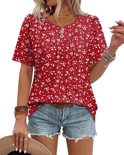 WIHOLL Business Casual Tops for Women Puff Sleeve Summer Outfits Pleated Front Polka Dot Shirts Beach Vacation Clothes Spring Break Essentials Relax Fit Red White M