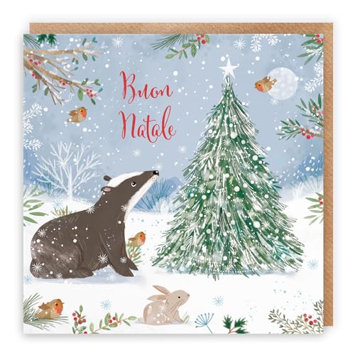 Hunts England - Badger Italian Christmas Card - Nature's Treasures - Happy Animal Wildlife Italian Language Fun Merry Xmas Card - Robin, Rabbit - For Boys, Girls, Men, Women - Buon Natale