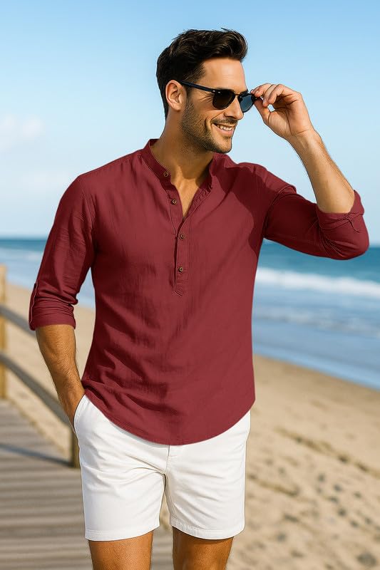 Image of Macsivo Men's Cotton Blend Solid Short Kurta with Mandarin Collared Full Sleeve Drawstring Stylish Straight Length | Kurta for Men Stylish