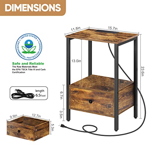 Melos Side Table With Charging Station, Nightstand With Usb Ports & Power Outlets, Narrow End Table With Drawer And Storage Shelf For Small Spaces, Bedside Tables For Bedroom, Living Room,Rustic Brown #TOP2