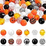 Whaline 50Pcs 20mm Halloween Beads Mixed Bubblegum Beads Set Jack-O-Lantern Spacer Bead Black Orange Chunky Jumbo Plastic Bead for Holiday Crafts Jewelry Making Boutique Craft Supplies