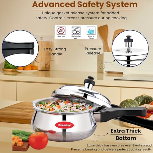 Image of Premier Aluminium Handi Pressure Cooker | Food Grade Aluminium | ISI Certified | Outer Lid | Extra Thick Base | Multiple Safety System | Gas Stove | 1.5 Litre