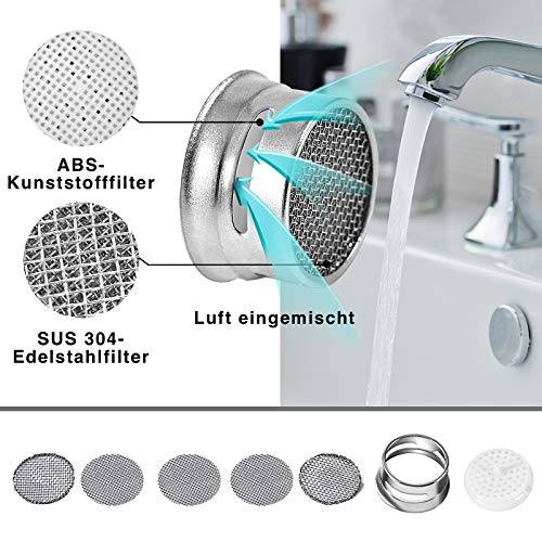 Strahlregler M24, 6 Stück Wasserhahn Sieb Einsatz Wasserhahn Aufsatz mit Edelstahl- und ABS-Filter inkl. 8 Dichtung und 1 Verchromten Schlüssel, für Wasserhähne
