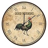 30,5 cm Vintage Französisches Land Hahn Wanduhr Guter Morgen Huhn Hahn Küchenuhr Rustikal Silent Nicht Ticken Rund Holz Batteriebetrieben Römische Ziffern Dekorative Uhr Bauer Geschenke