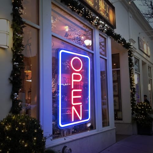 SOLIDEE LED Abierto Luminosos de neon de Acrílico, Alimentado por USB Letrero Neon con Interruptor Regulable Luz de neón para Decorar Bar Hotel Tienda Café Restaurante Letrero(vertical rojo y azul)