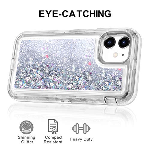 Wollony For Iphone 11 Case Glitter, Heavy Duty Girly Liquid Bling Quicksand 3 In 1 Hybrid Impact Resistant Shockproof Hard Bumper Soft Clear Rubber Protective Cover For Iphone 11 6.1Inch Sliver #TOP5