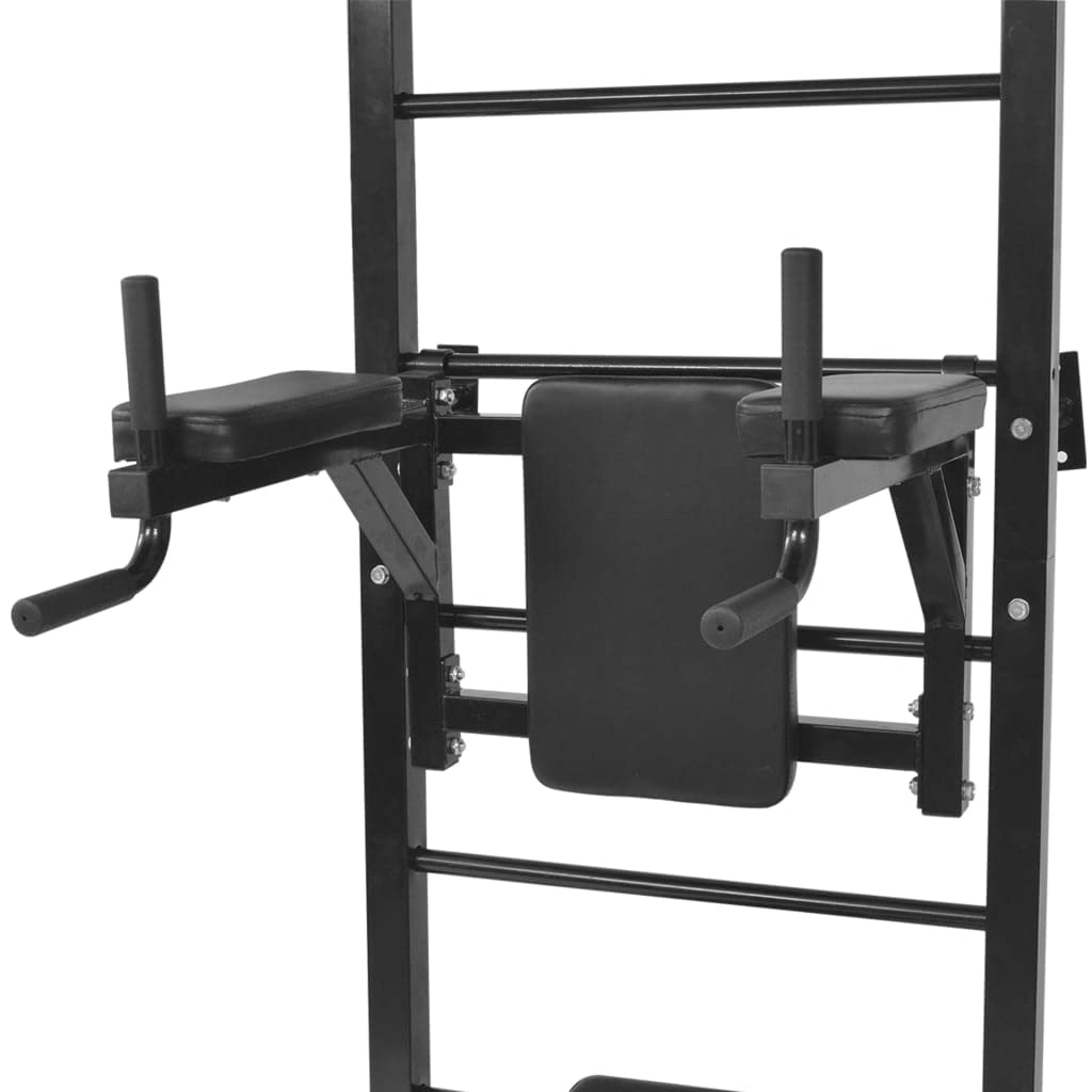 Wielofunkcyjna wieża fitness z drążkiem do podciągania, stacją dipsową i ławką z regulacją wysokości, stalowa rama, czarna, obciążenie 110 kg, montaż ścienny, trening w domu, urządzenie