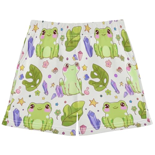 Girls Athletic Lounge Shorts Cute Cartoon Green Frogs Print Comfy Summer Pajama Sleep Shorts for Kids Teens, X-Small