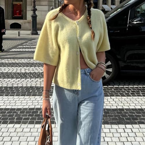Image of Women Knitted Crop Cardigan Shirt Short Sleeve Button Down Ribbed Knit Crop Top Y2k Girls Outwear Top Tee Shirt