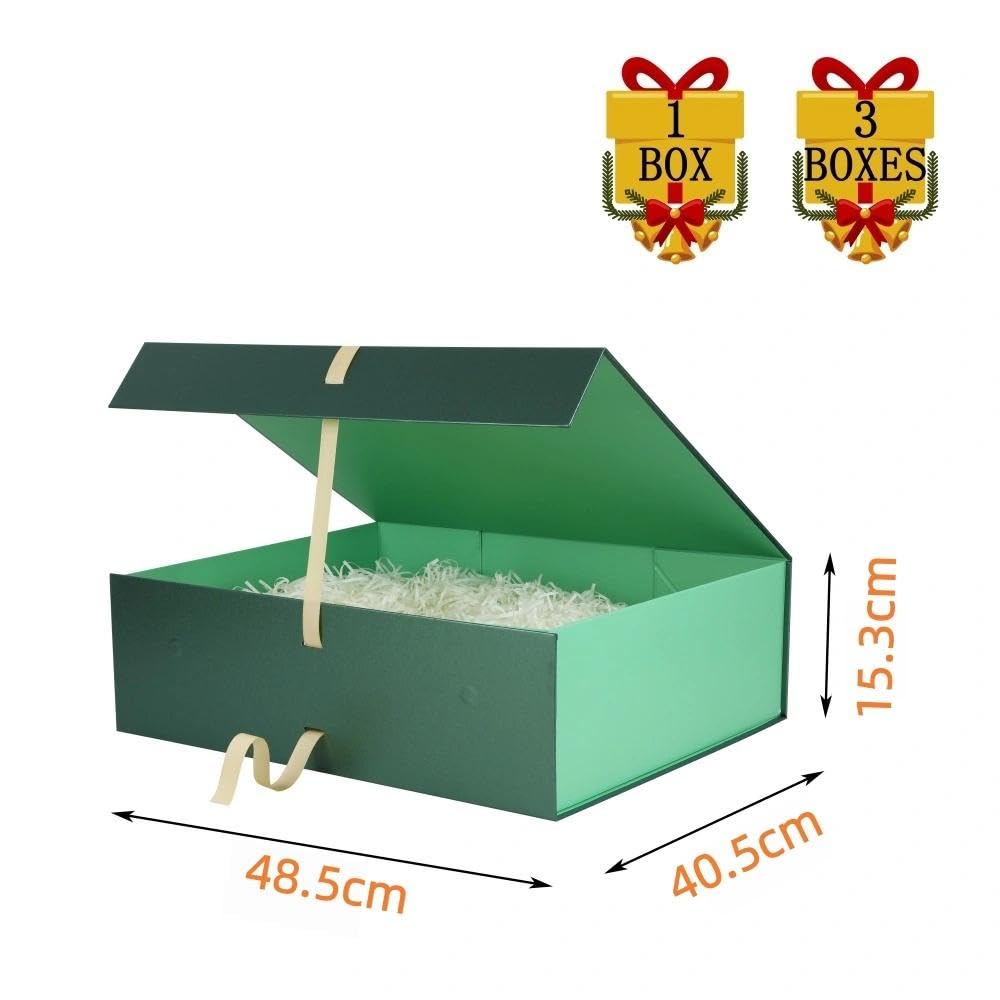 Grün Geschenkbox groß 48.5 x 40.5 x 15.3 cm Geschenkbox mit Deckel 3 Stück | Magnetische extra groß, Inkl. Schleife, Inkl. Raffia & Grußkarte, Ideal für Hochzeitskleid & Anzug