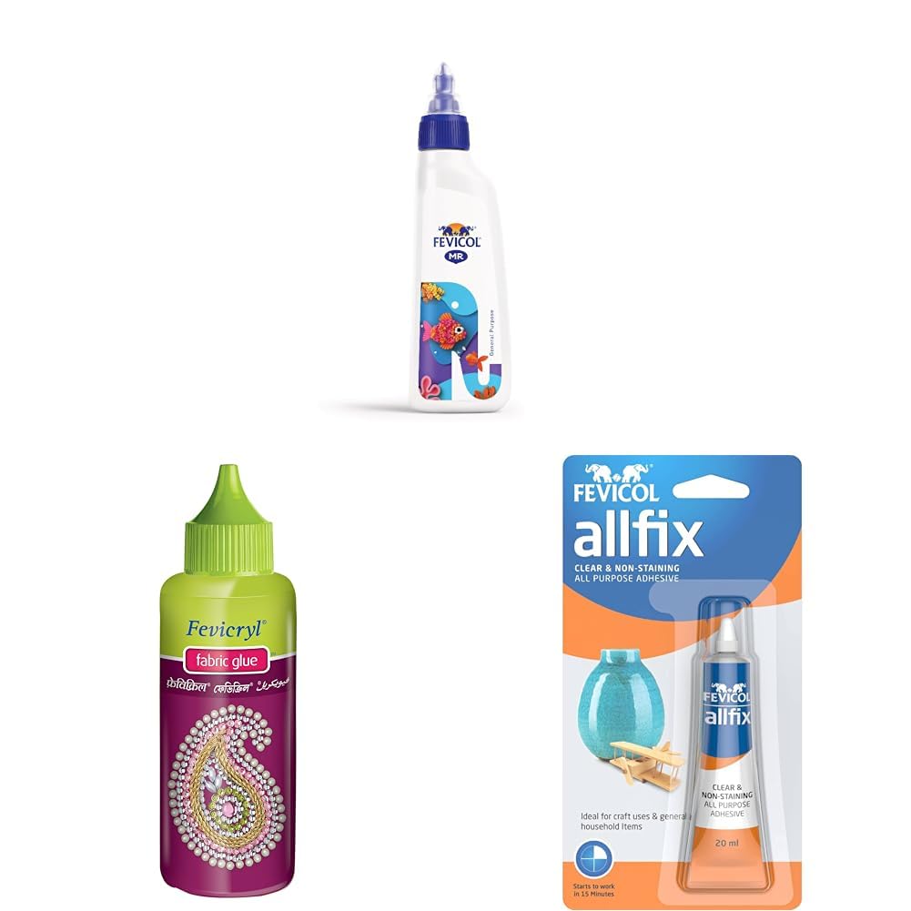 Pidilite Fevicol MR Squeeze Bottle (105g), Fevicryl Fabric Glue (80g), and Multi-Purpose Allfix Adhesive (20ml).