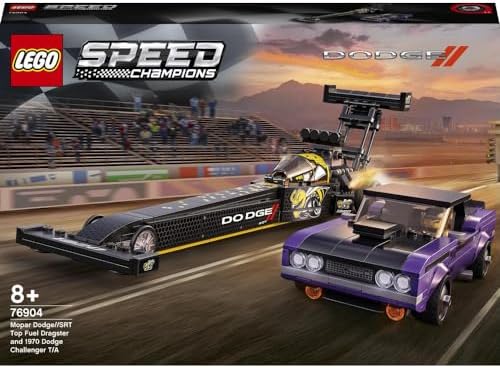 LEGO Speed Champions 76904 Mopar Dodge//SRT Top Fuel Dragster i 1970 Dodge Challenger T/A  zestaw z zabawkowymi samochodami (627 elementów)
