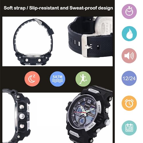 Image of PASNEW Boys' Watches - Dual Display, Large Dial Sport Watch, Black Outdoor Watch for Boys & Teens - Waterproof