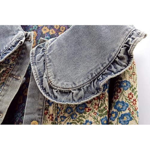 Women's Peter Pan Collar Denim Jacket - Ruffles Long Sleeve Coat with Floral Embroidery, Casual Button Down Outerwear3