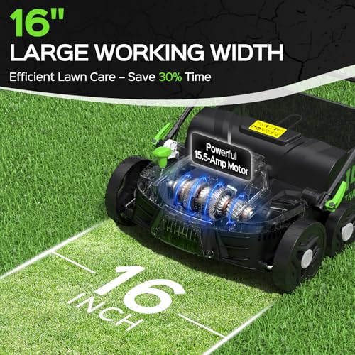 TIECTOWN 2026 Upgrade 16-Inch 15.5 Amp 2-in-1 Electric Dethatcher and Scarifier with 14.5-Gallon Collection Bag, Lawn Dethatcher with 5-Position Depth Adjustment, Keeps Lawn Healthy – Lime Green