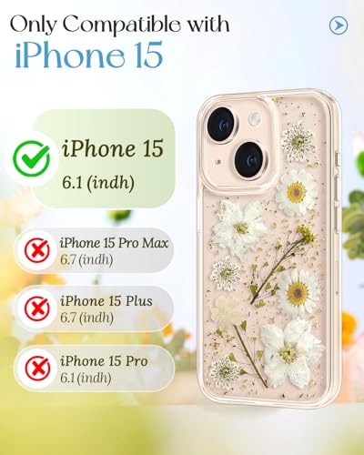 Loheckle for iPhone 15 Case for Women - Girls Cute Glitter Dried Flower Floral Girly Aesthetic Kawaii Sparkle Sparkly Glittery Bling Unique Design Handmade Phone Cover for Apple 15 6.1", White - image 2