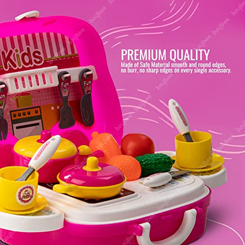 Image of Baybee Beauty Set Toys for Girls | Kids Makeup Set with Trolley Suitcase, Pretend Role Play Toys with Make up Table, Hair Accessories & Styling Tools, Portable Toy Set for Girls 3+ Years (Pink)