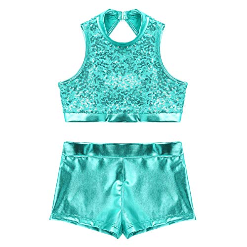 Image of easyforever Kids Girls 2PCS Shiny Mermaid Scales Ballet Dance Outfit Crop Top with Short Tankini Swimsuit
