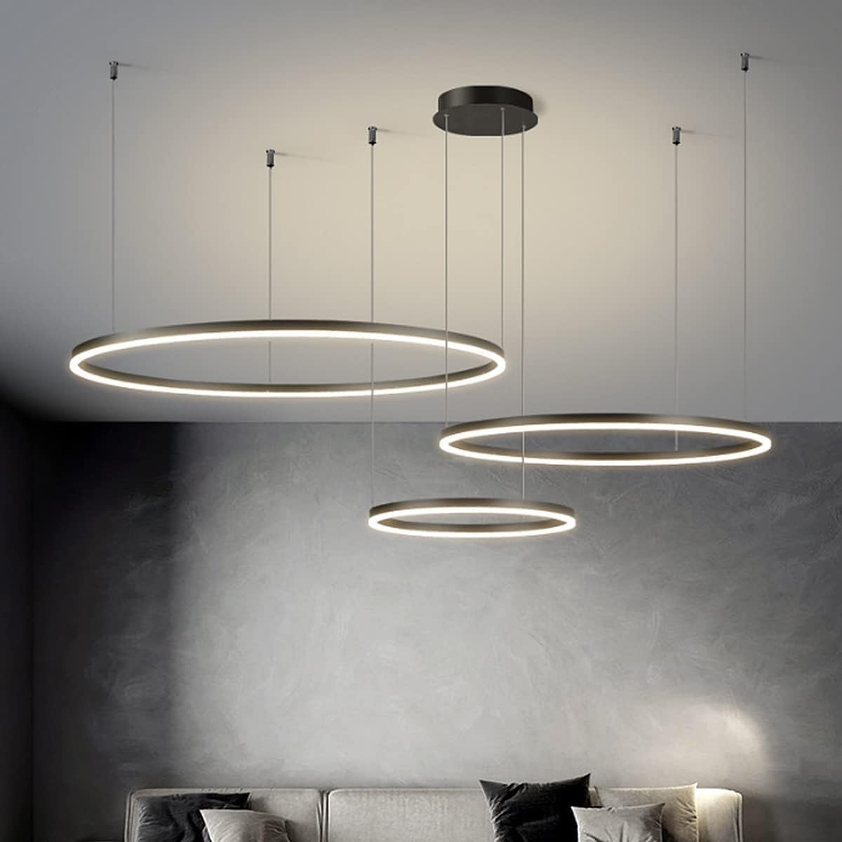 FZQSXAZU Modern LED Ring Pendant hts, Dimmable Living Room Aluminum Chandelier with Remote Control, Dining Ceiling hts Metal Acrylic Hanging Lamp,Black,60+80+100CM