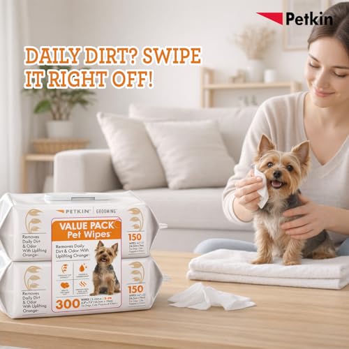 Image of Petkin Pet Wipes Valupak 300 Pcs Orange | Plant-Based Pet Cleaning Wipes for Dogs & Cats | Gentle Daily Care, Soft & Durable Wipes for Paws, Face, Coat & Quick Refresh | Long Shelf Life