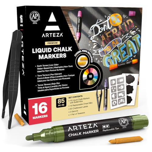 ARTEZA Pastel Liquid Chalk Markers, Set of 16, Tweezers, Labels, Stencils, Erasable, Water Based Pens for Chalkboards, Glass, Windows, and More