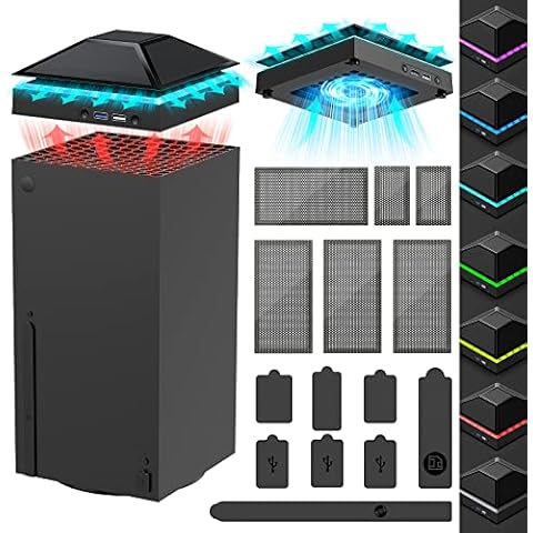 Lüfter Kühler für Xbox Series X mit Staubschutz Zubehör, LED-Licht Kühler Leise mit 3-Stufig Regelbarem Lüfter, Zusatzlüfter mit Staubfilter Staubstecker Zubehörset für Xbox Serie X Cover