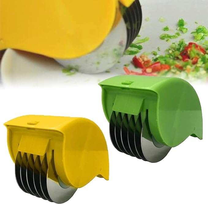 Rodillo picador de perejil, cortador de cilantro, perejil fresco orgánico, cortador manual de verduras con 6 cuchillas de acero inoxidable, chuletas de verduras de cocina (verde y amarillo)