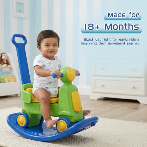 Image of Amazon Brand - Jam & Honey 3-in-1 Toddler Ride-On Scooter & Rocker with Parental Handle | 18+ Months | Detachable Balance Board | Wide Stable Wheels | BIS Certified | Green & Blue
