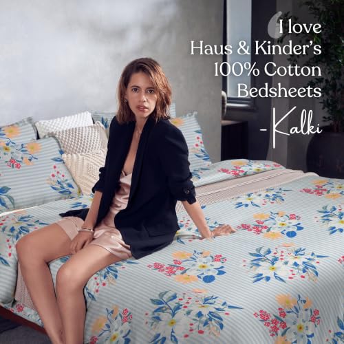 Image of Haus & Kinder King Bedsheet with 2 Pillow Covers 274 x 274 cm Set of 1 | 186 TC King Size Bed Sheet for Double Bed Twill Weave | Blue Floral Tapestry Design - Pack of 1